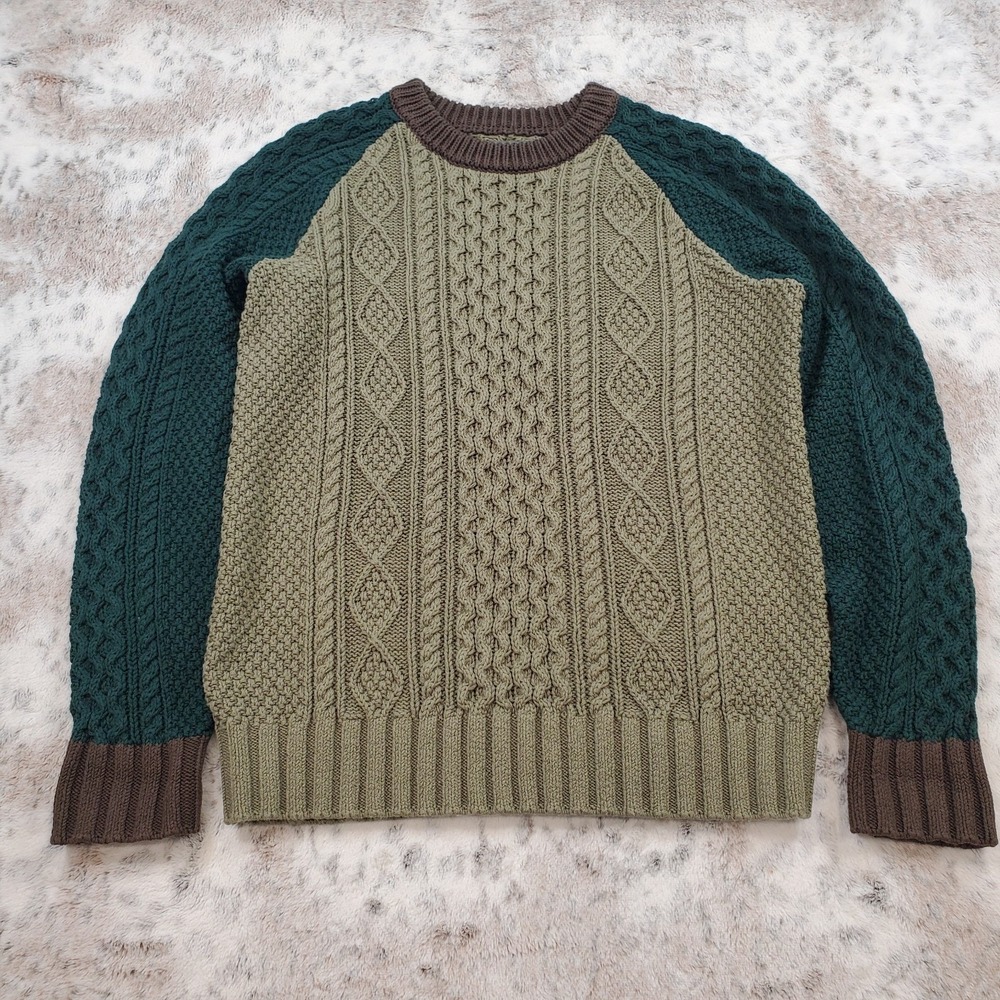 NEW LL Bean Signature Men's M Fisherman Crewneck Sweater Colorblock Olive Gray